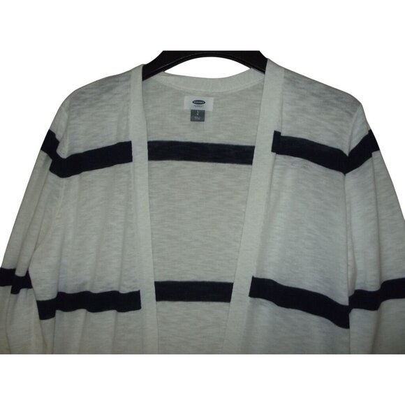 Old Navy Cardigan Sweater Womens Size Large Cream Navy Blue Striped pockets Midi - Picture 6 of 12